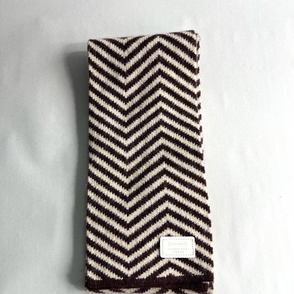 Coach Wool Blend‎ Scarf 5.5" wide x 54" Long Brown Cream Chevron Stripe Pattern